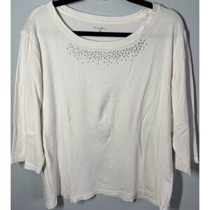 Studio Works Womens White Embellished Collar 3/4 Sleeve Tee Shirt 2X Casual